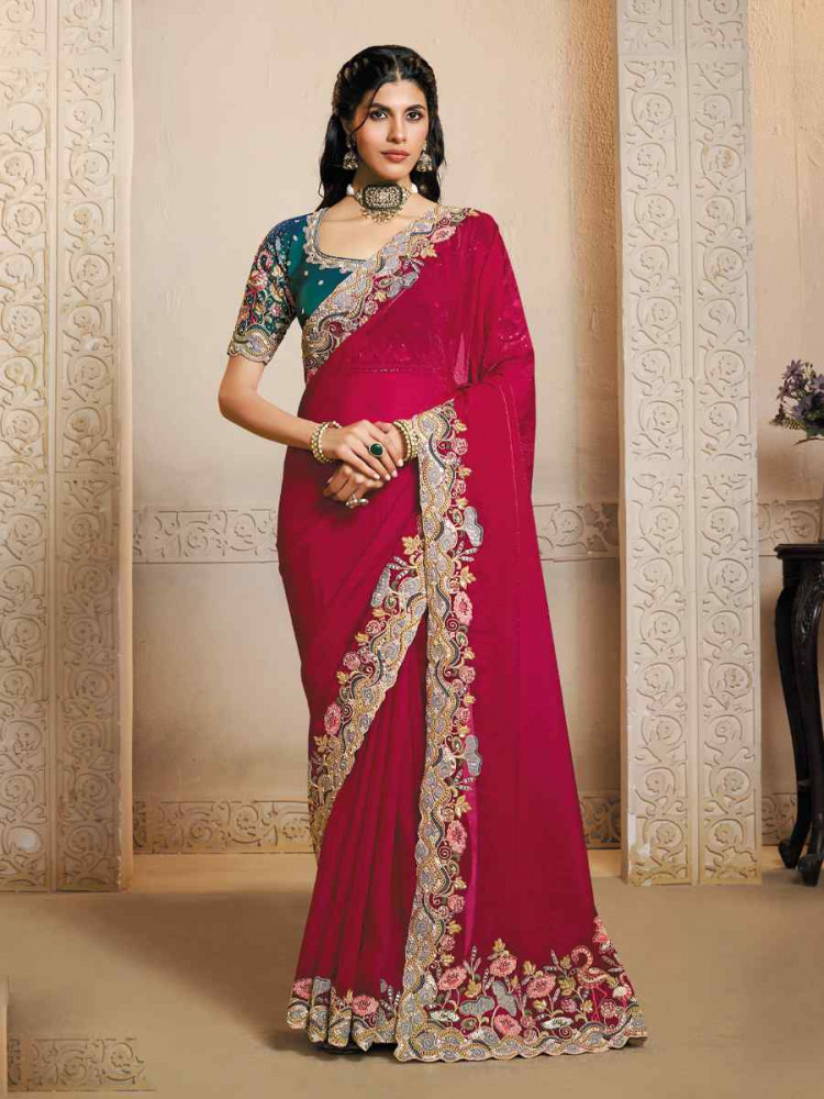 Image of Rani Two Tone Satin Silk Embroidery Traditional Bridal Reception Festival Wedding Fancy Heavy Border Saree