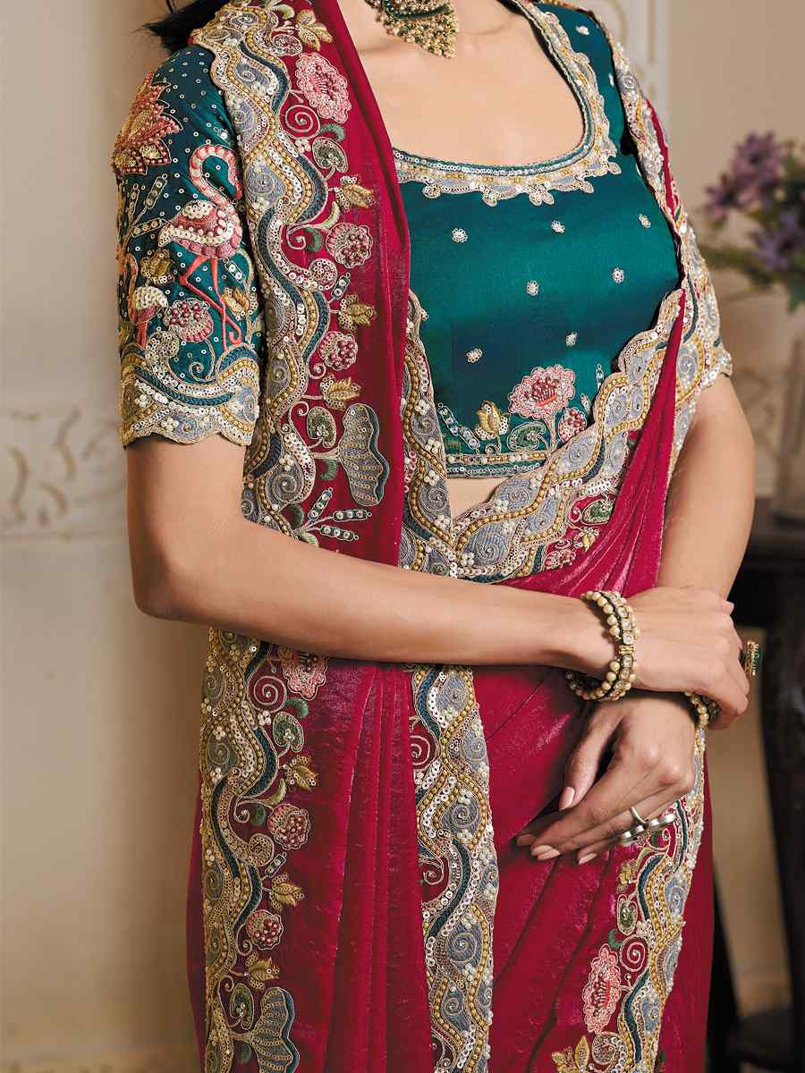 Rani Two Tone Satin Silk Embroidery Traditional Bridal Reception Festival Wedding Fancy Heavy Border Saree