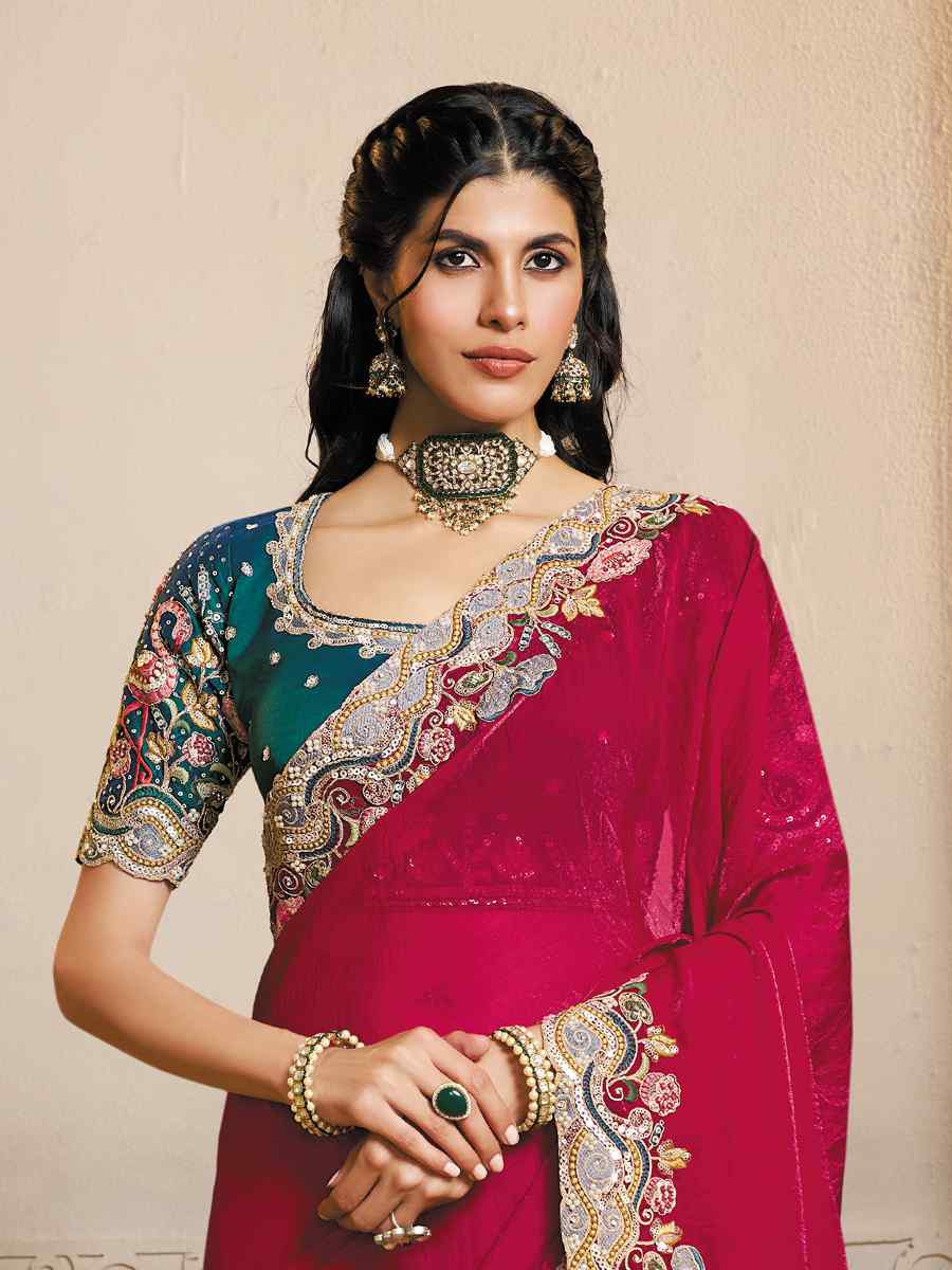 Rani Two Tone Satin Silk Embroidery Traditional Bridal Reception Festival Wedding Fancy Heavy Border Saree