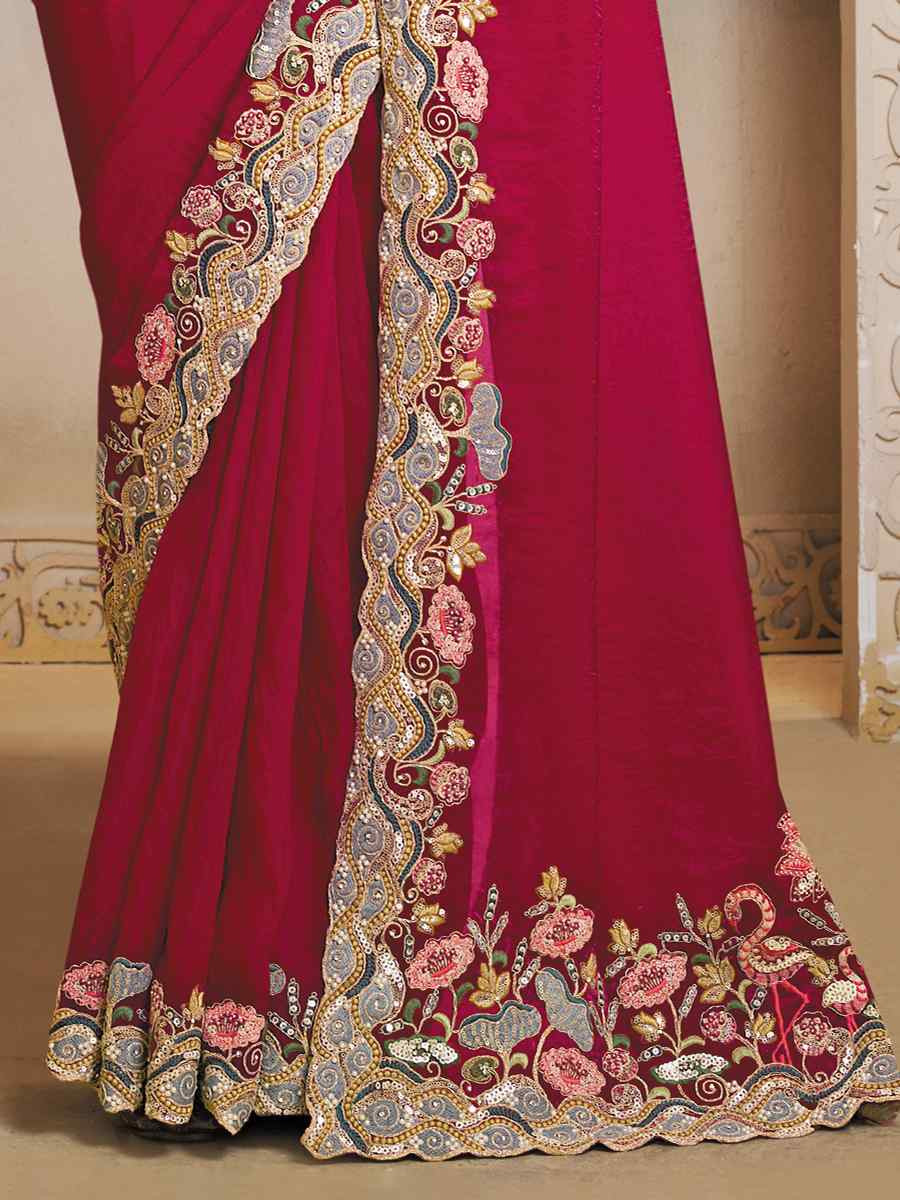 Rani Two Tone Satin Silk Embroidery Traditional Bridal Reception Festival Wedding Fancy Heavy Border Saree