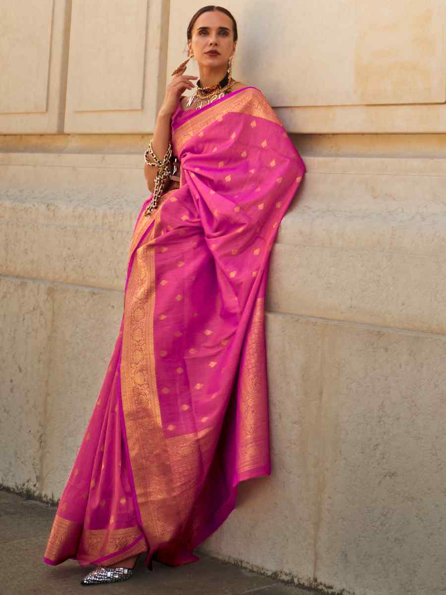 Raspberry Pink Khadi Silk Handwoven Wedding Festival Heavy Border Saree