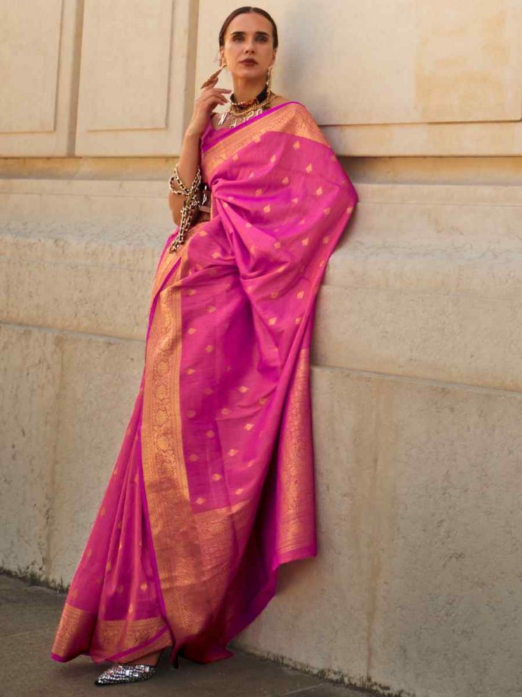 Raspberry Pink Khadi Silk Handwoven Wedding Festival Heavy Border Saree