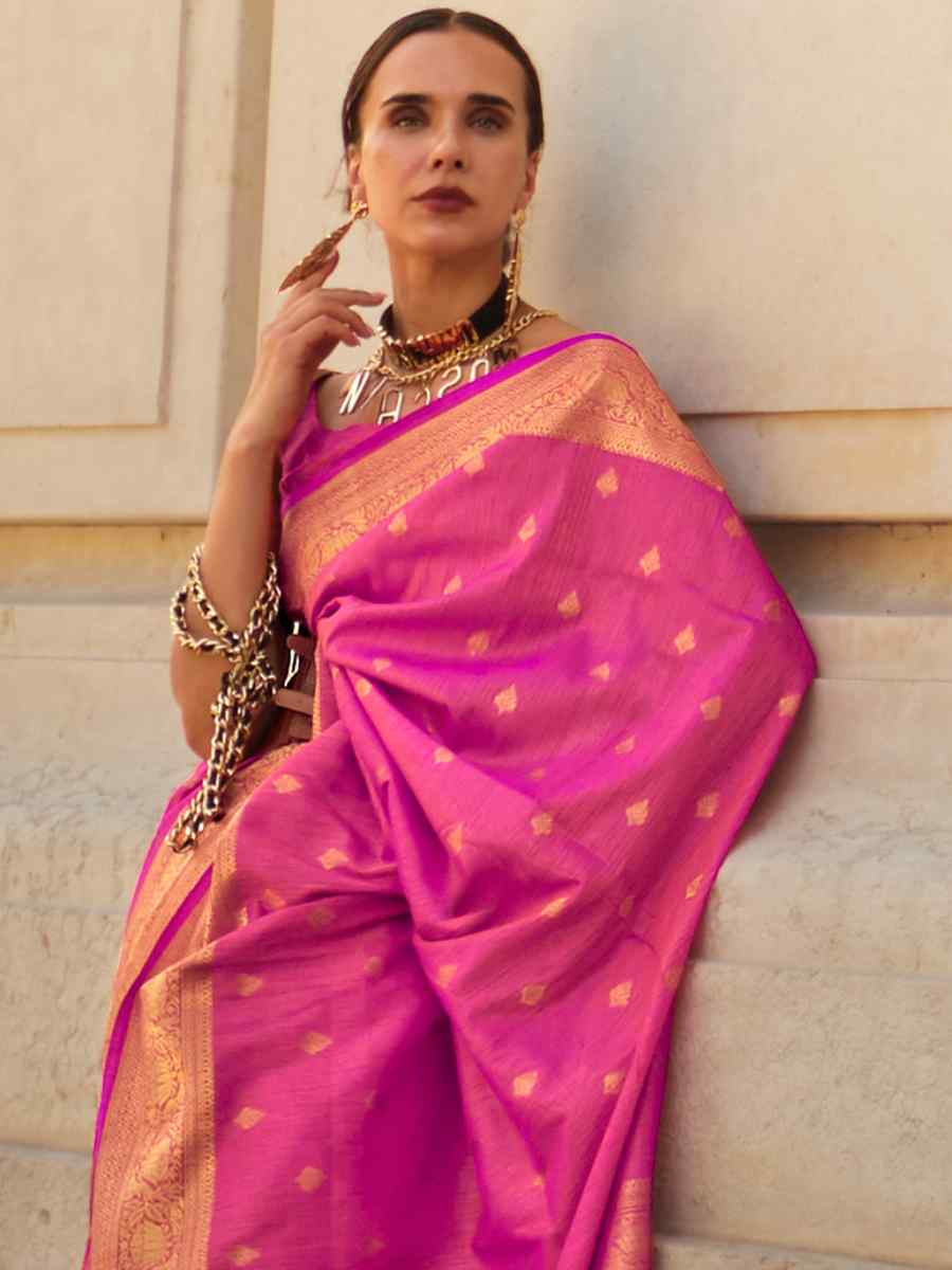 Raspberry Pink Khadi Silk Handwoven Wedding Festival Heavy Border Saree