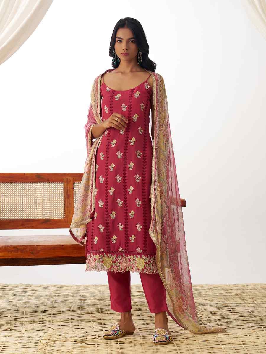 Red  Pure Organza Embroidered Festival Casual Ready Pant Salwar Kameez