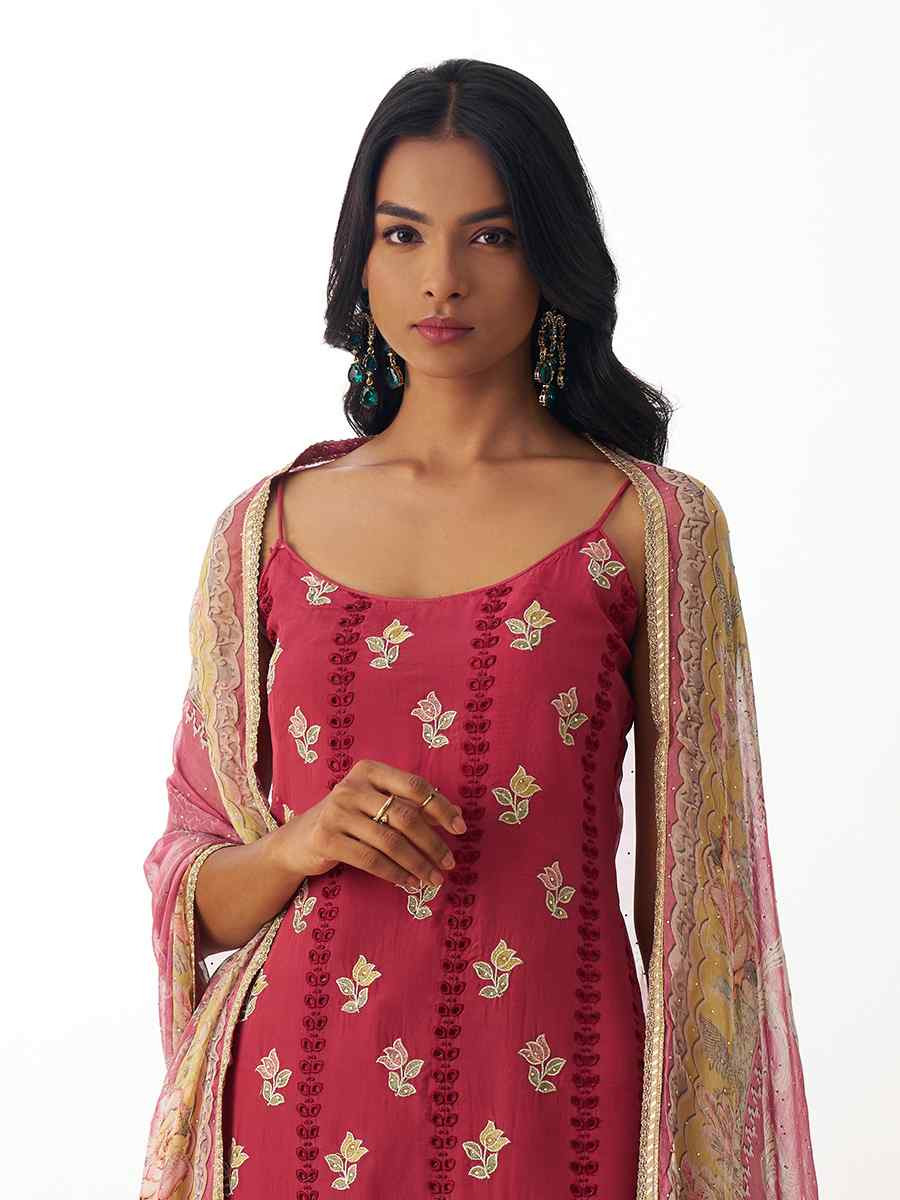 Red  Pure Organza Embroidered Festival Casual Ready Pant Salwar Kameez