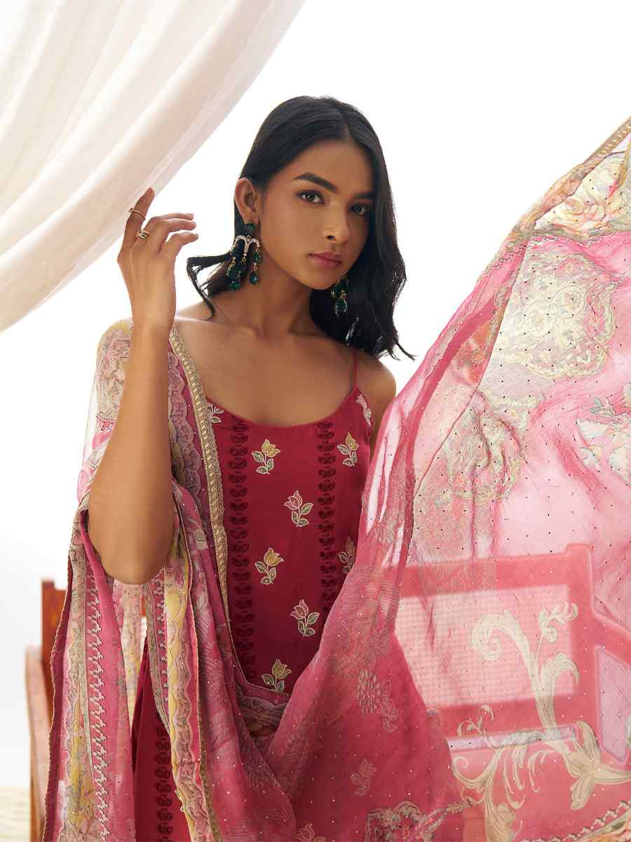 Red  Pure Organza Embroidered Festival Casual Ready Pant Salwar Kameez