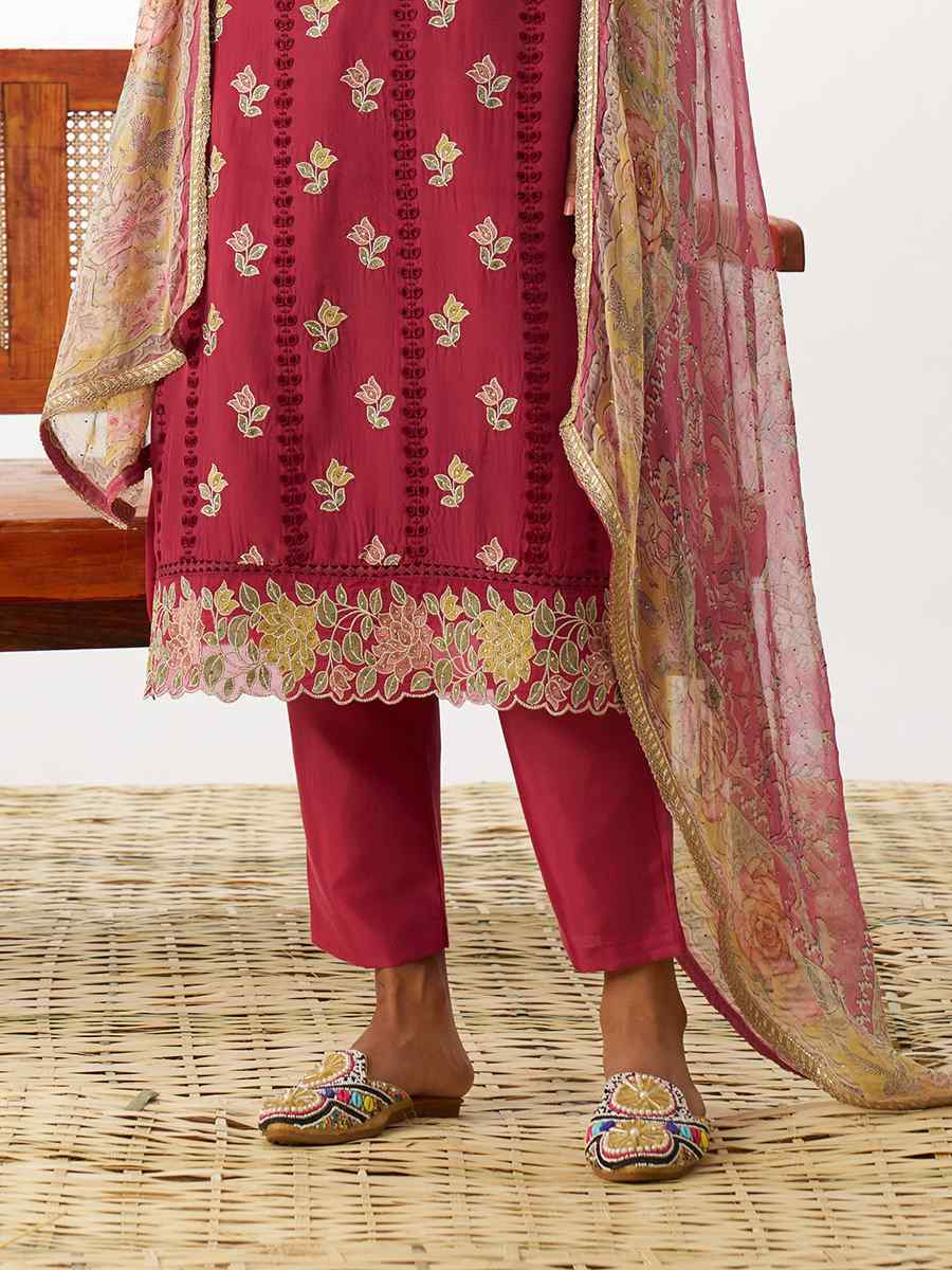 Red  Pure Organza Embroidered Festival Casual Ready Pant Salwar Kameez