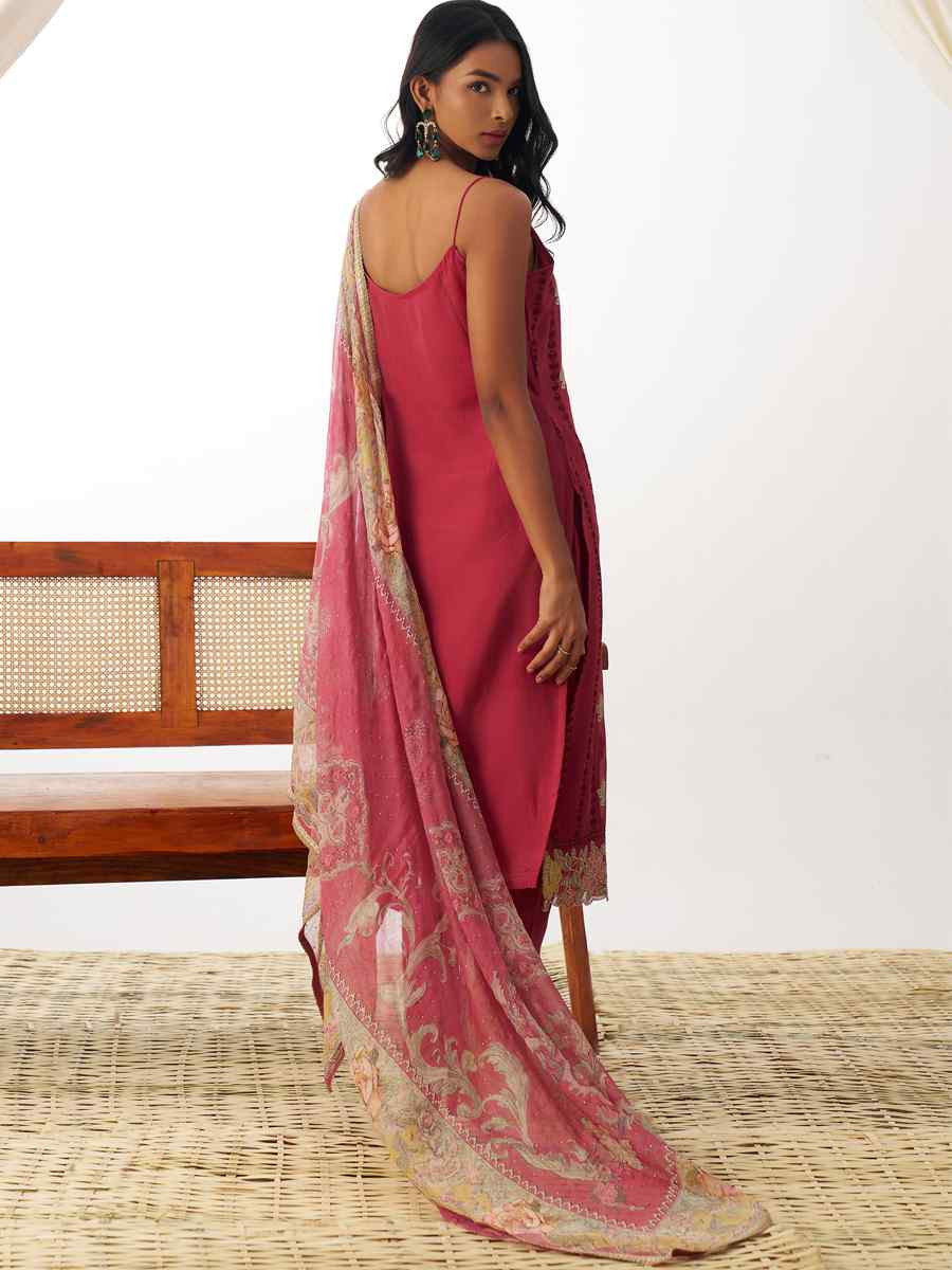 Red  Pure Organza Embroidered Festival Casual Ready Pant Salwar Kameez