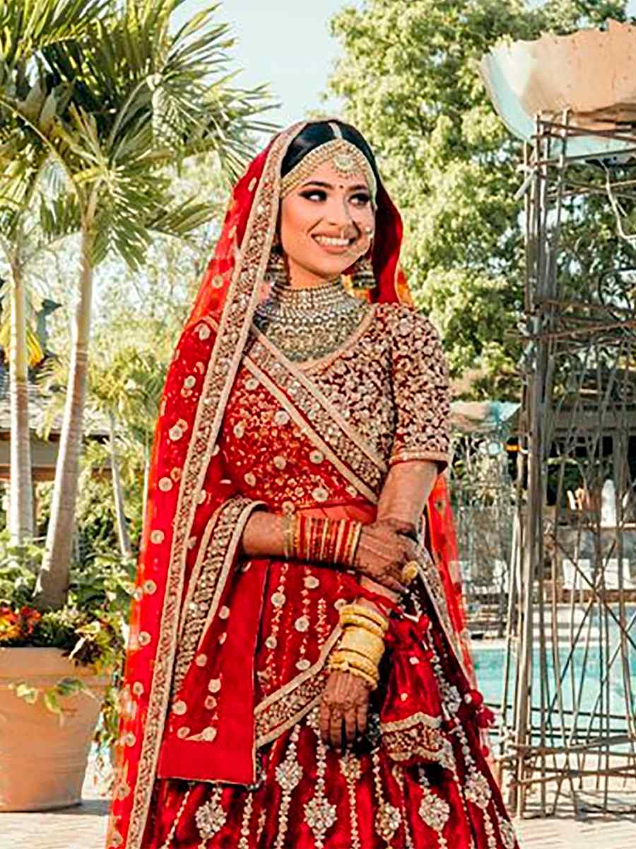 Red 9000 Markable Velvet Embroidered Bridal Heavy Border Lehenga Choli