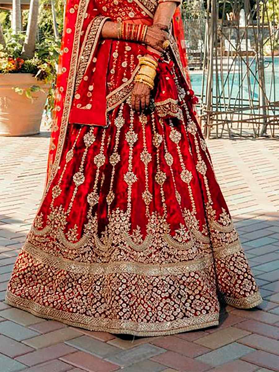 Red 9000 Markable Velvet Embroidered Bridal Heavy Border Lehenga Choli