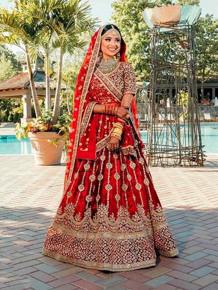 Red 9000 Markable Velvet Embroidered Bridal Heavy Border Lehenga Choli
