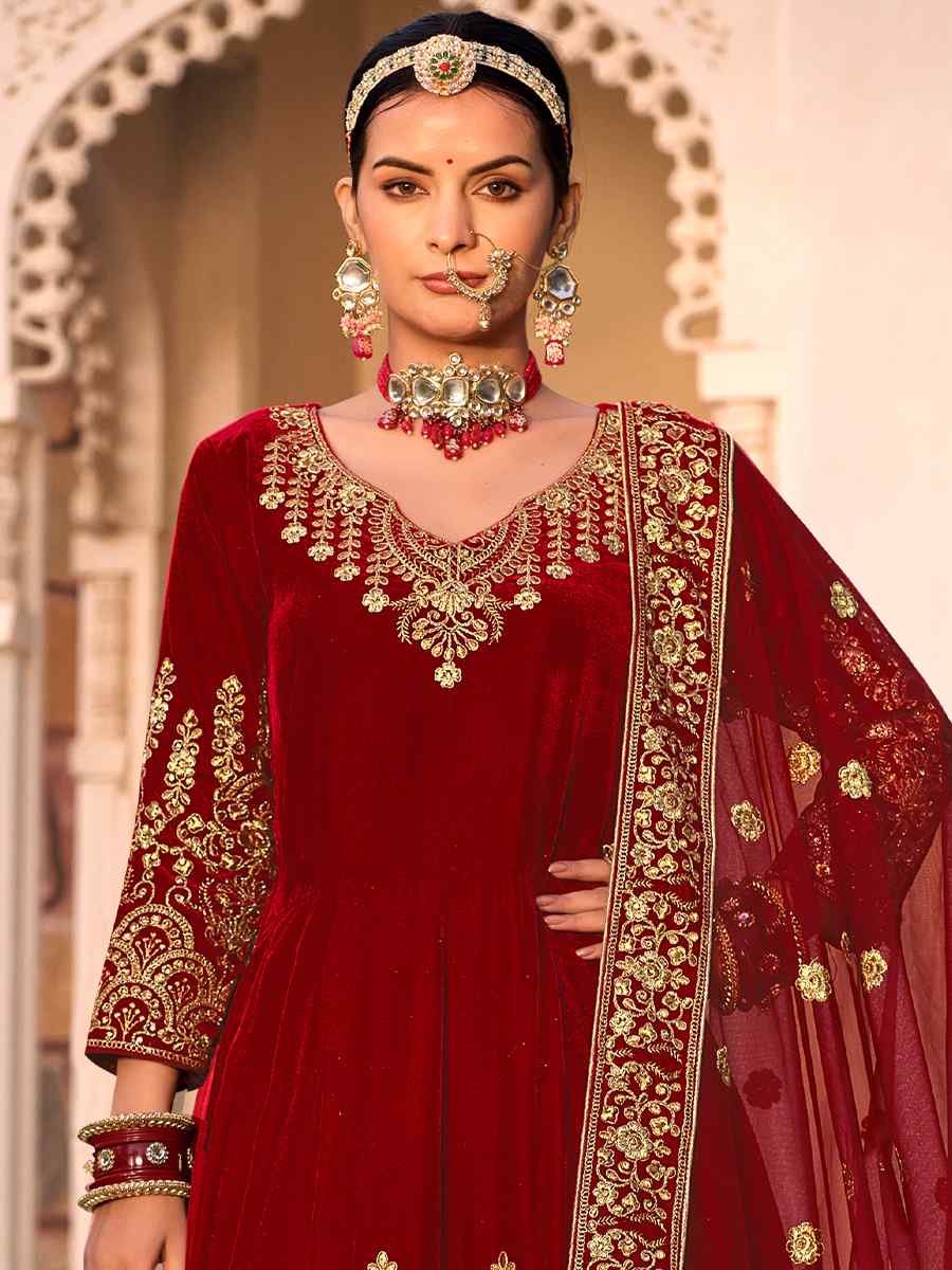 Red 9000 Velvet Embroidered Engagement Wedding Anarkali Salwar Kameez