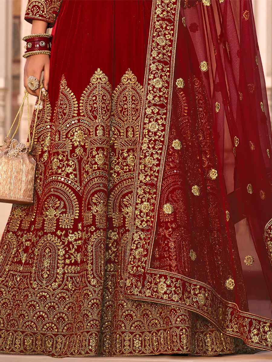 Red 9000 Velvet Embroidered Engagement Wedding Anarkali Salwar Kameez