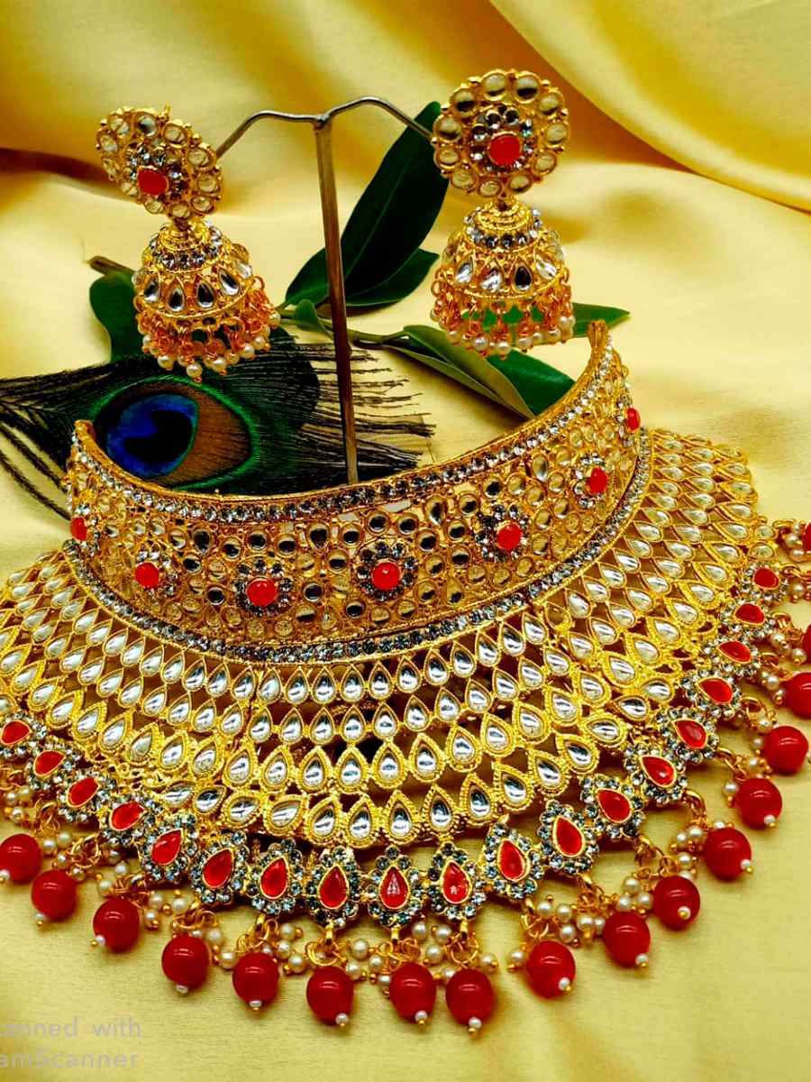 Red Alloy Bridal Wear Kundan Necklace