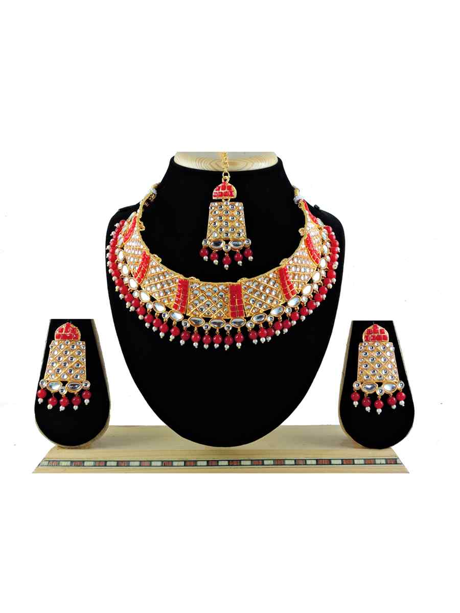 Red Alloy Festival Wear Diamonds Necklace