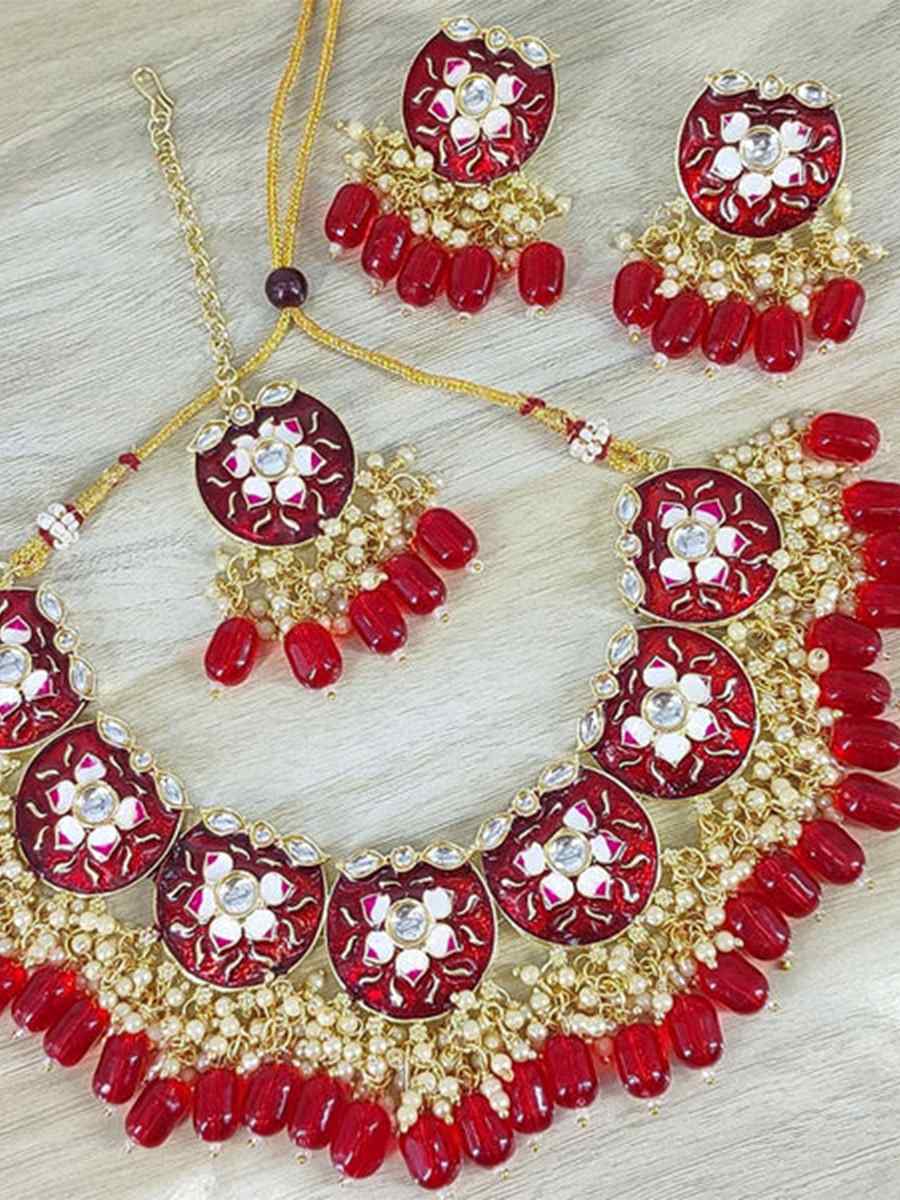 Red Alloy Festival Wear Kundan Necklace