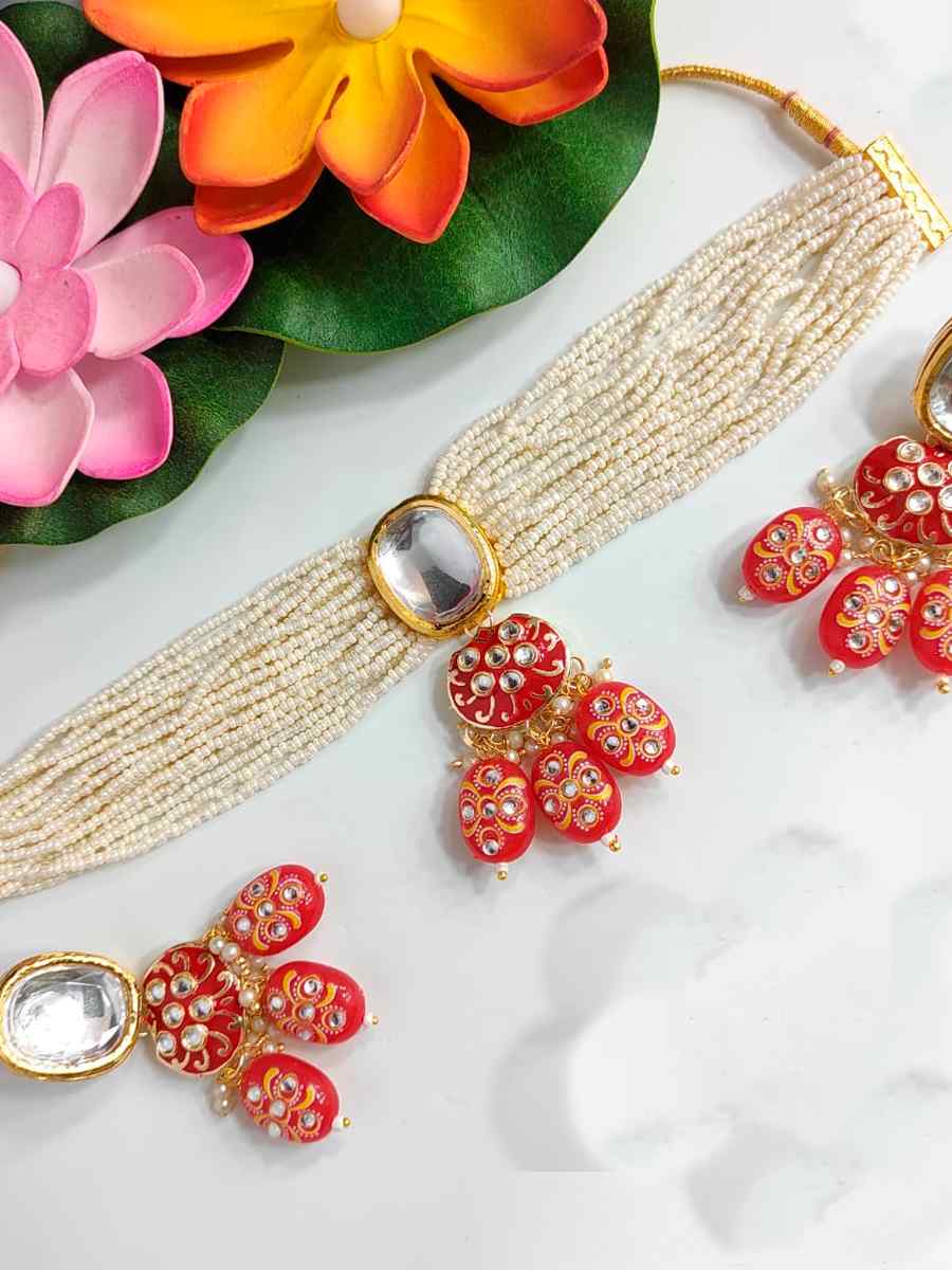 Red Alloy Festival Wear Kundan Necklace