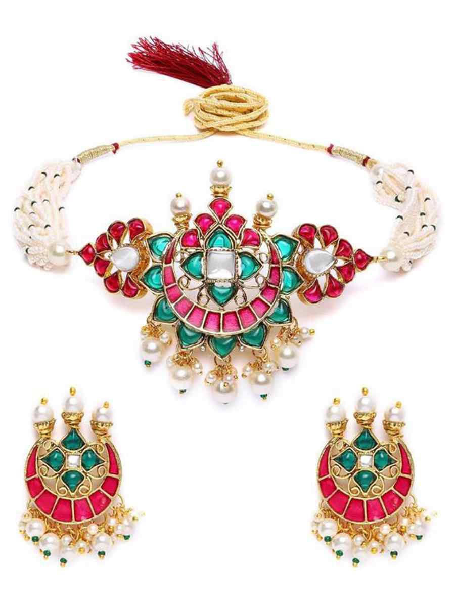 Red Alloy Metal Festival Wear Kundan Necklace