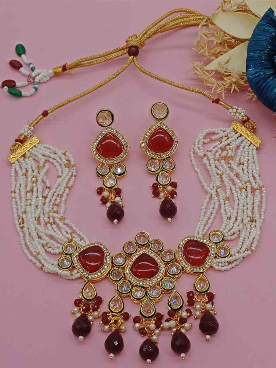 Red Alloy Metal Festival Wear Kundan Necklace