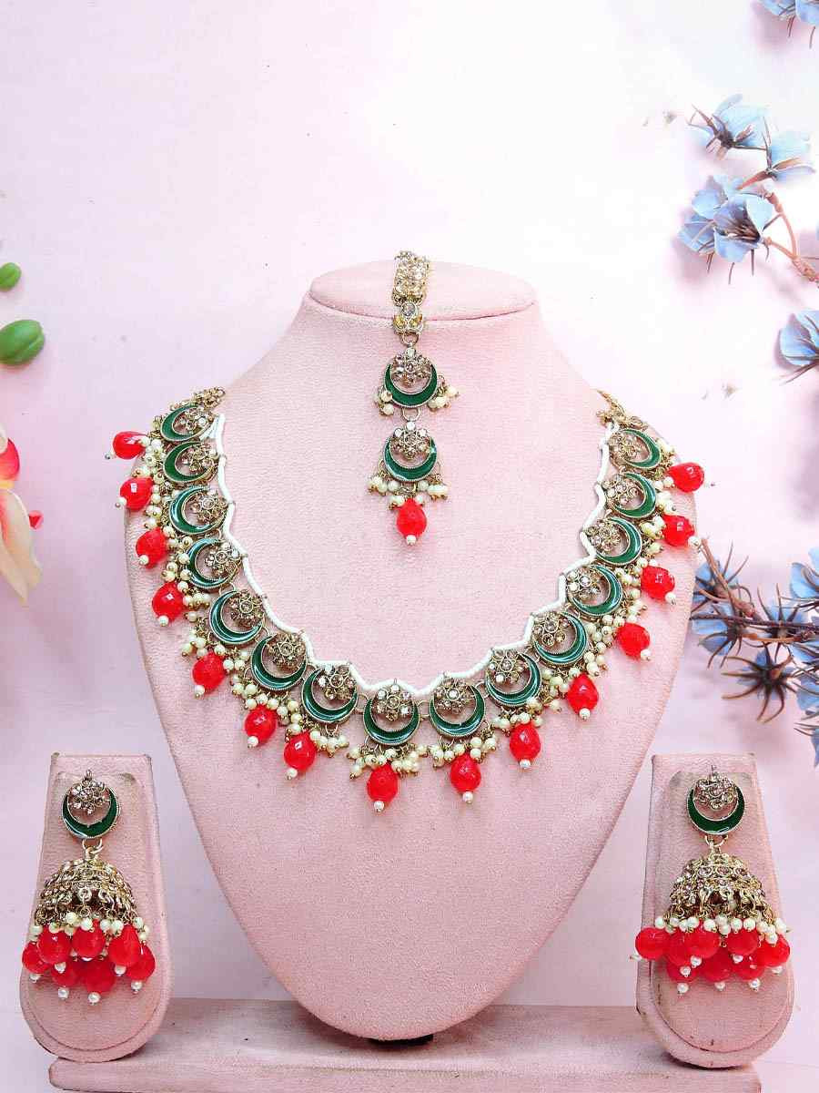 Red Alloy Metal Festival Wear Kundan Necklace
