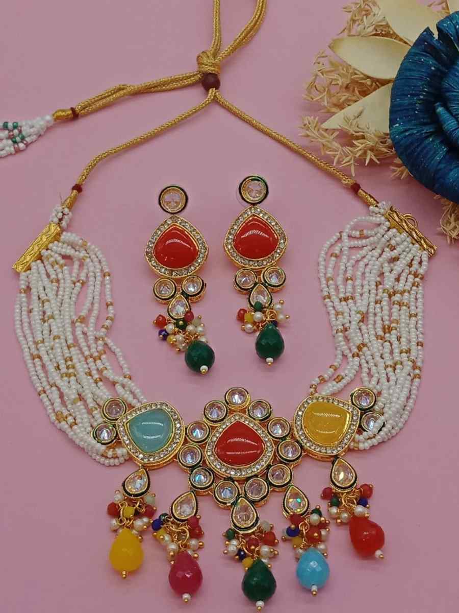 Red Alloy Metal Festival Wear Kundan Necklace