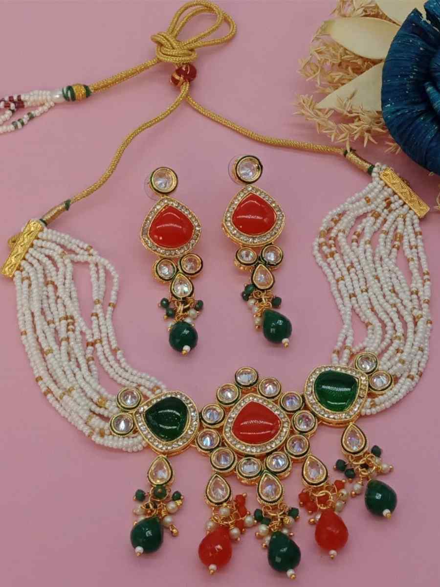Red Alloy Metal Festival Wear Kundan Necklace