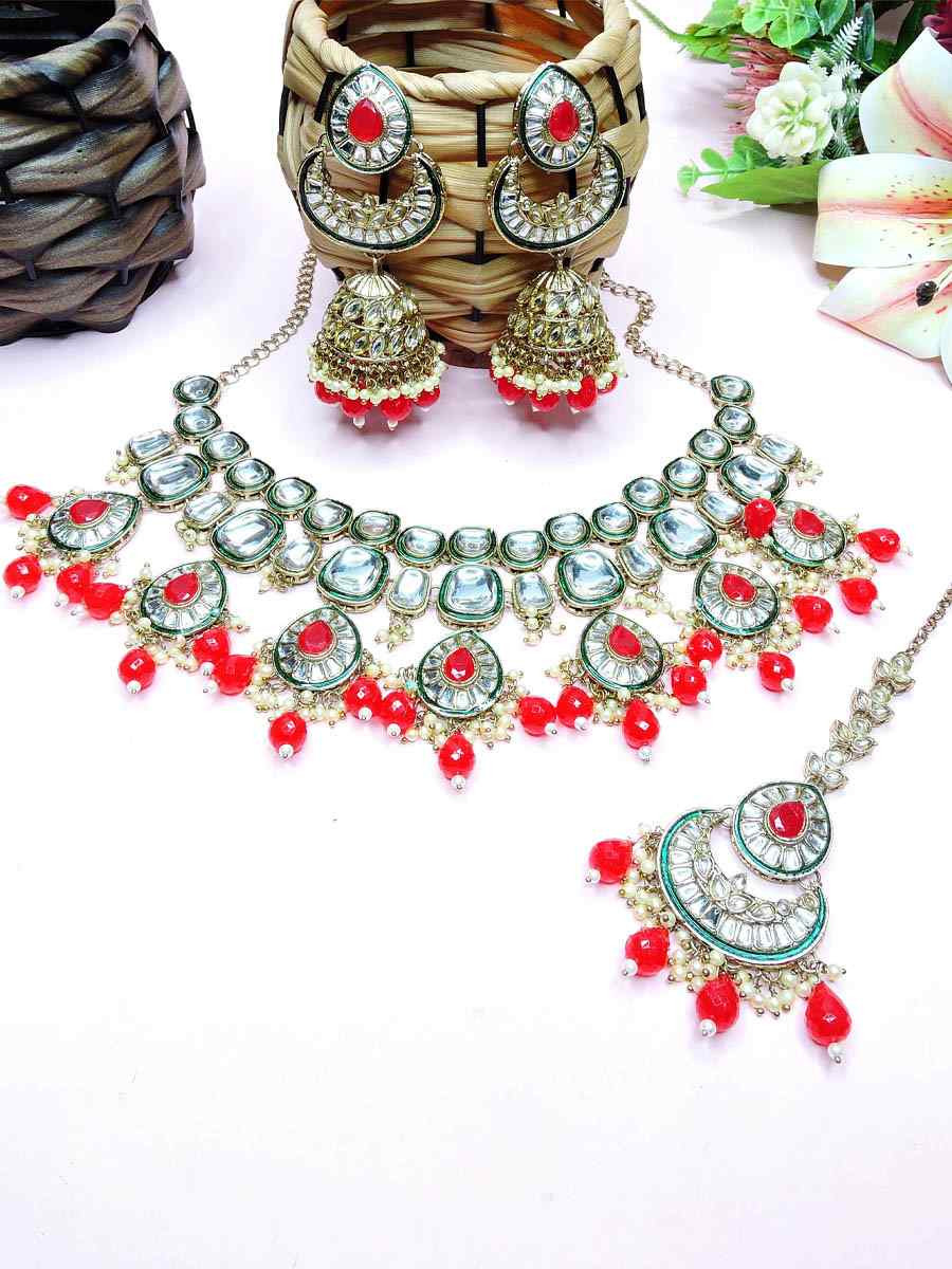 Red Alloy Metal Festival Wear Kundan Necklace