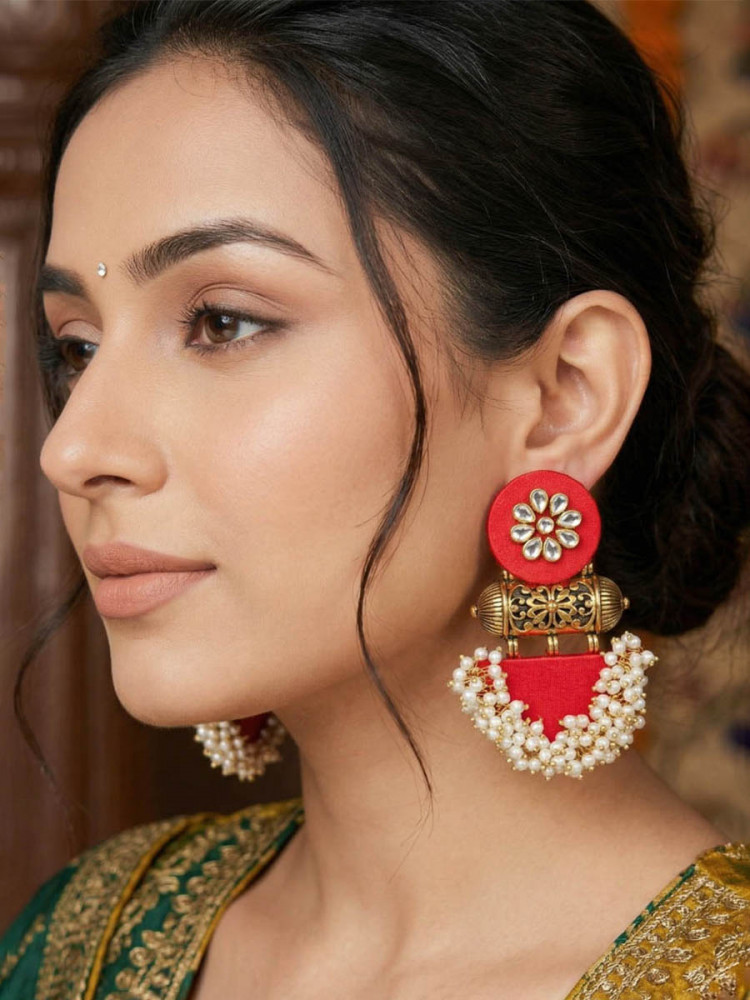 Image of Red Alloy Wedding Party Festival Wear Pearls Kundan Earrings