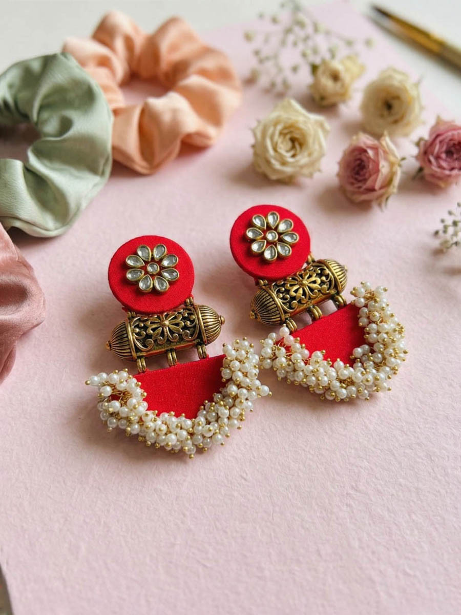 Red Alloy Wedding Party Festival Wear Pearls Kundan Earrings
