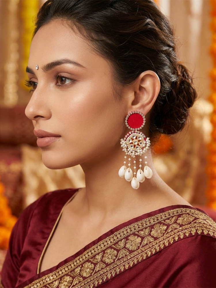 Image of Red Alloy Wedding Party Festival Wear Pearls Kundan Earrings