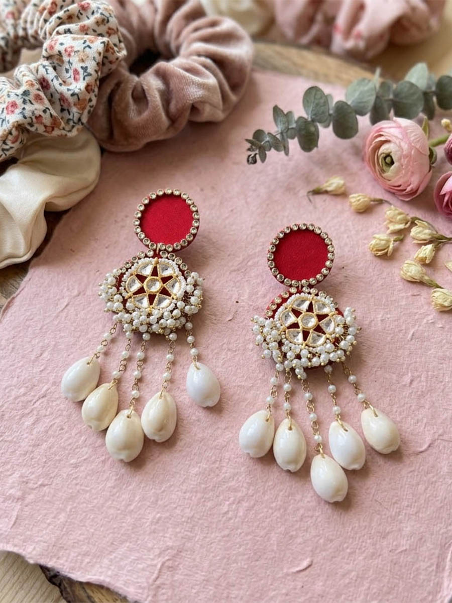Red Alloy Wedding Party Festival Wear Pearls Kundan Earrings