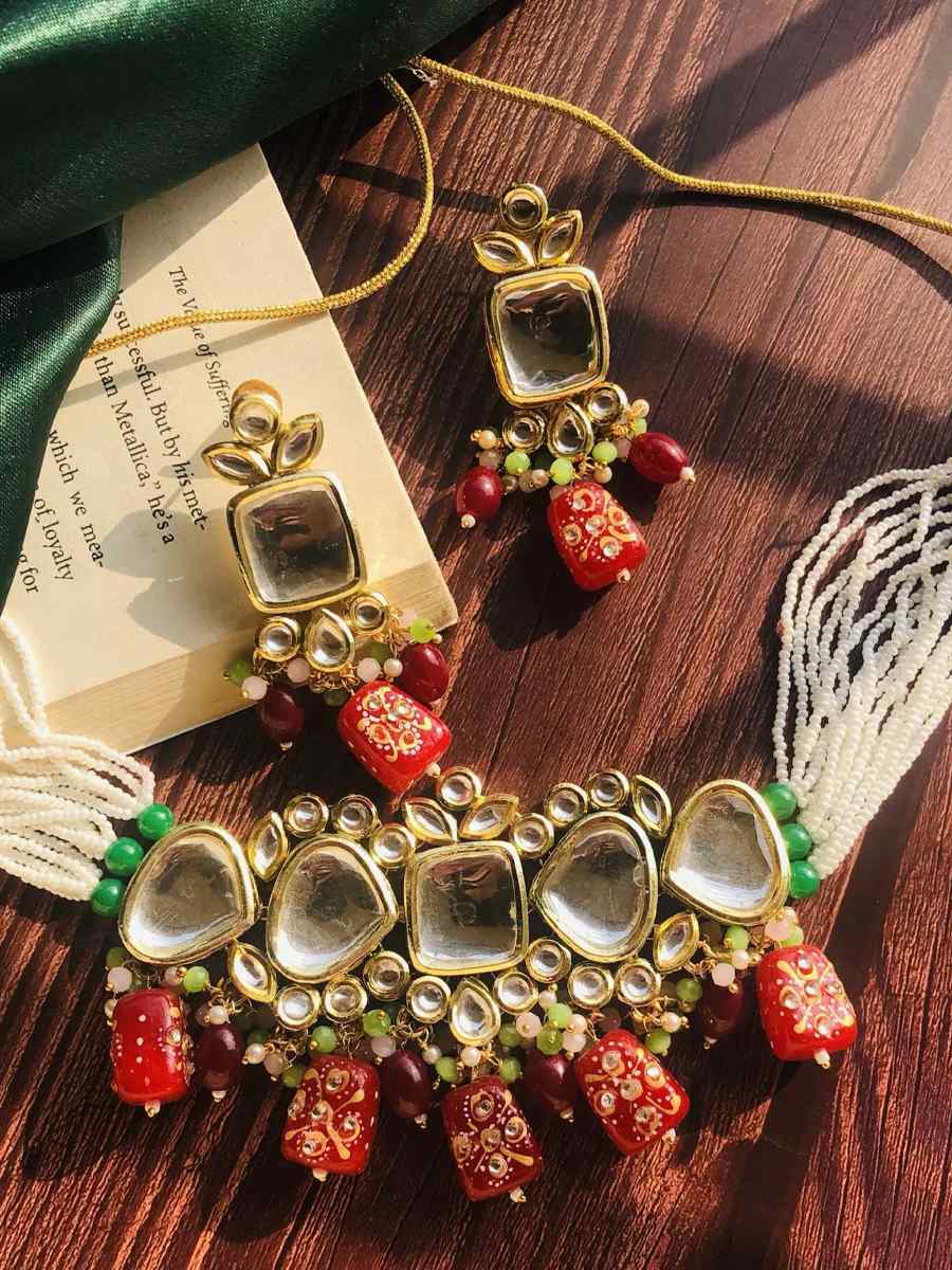 Red Alloy Wedding Wear Kundan Necklace