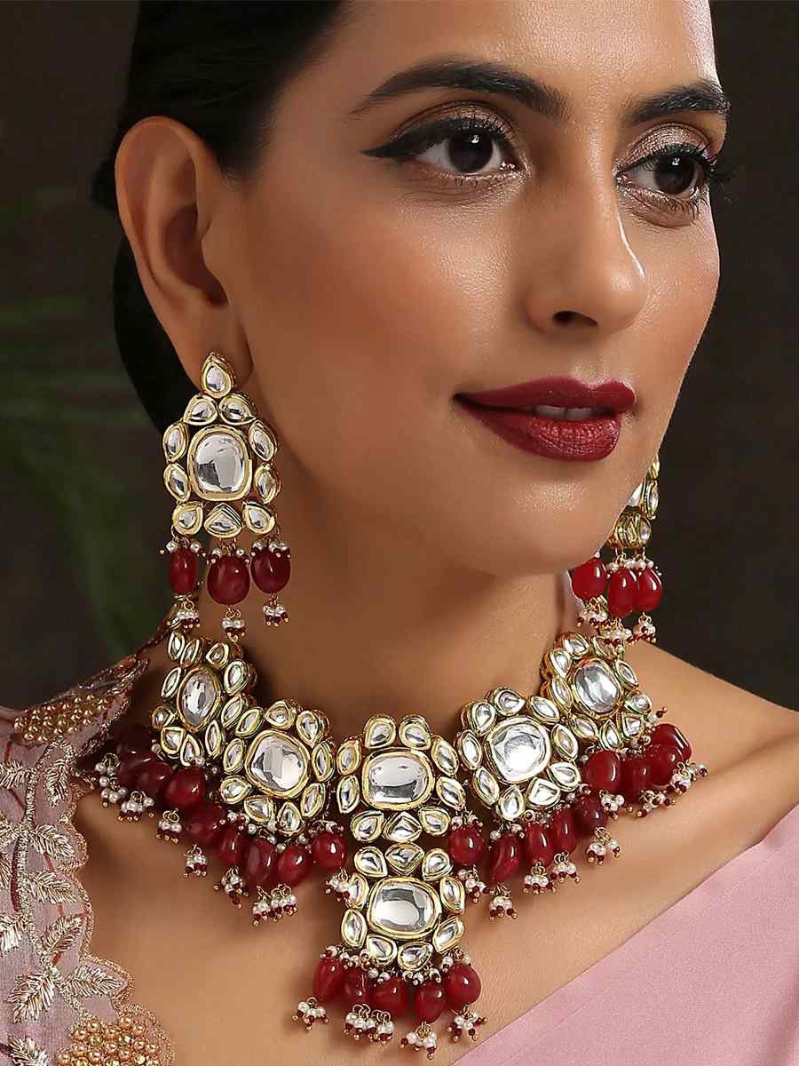 Red Alloy Wedding Wear Kundan Necklace