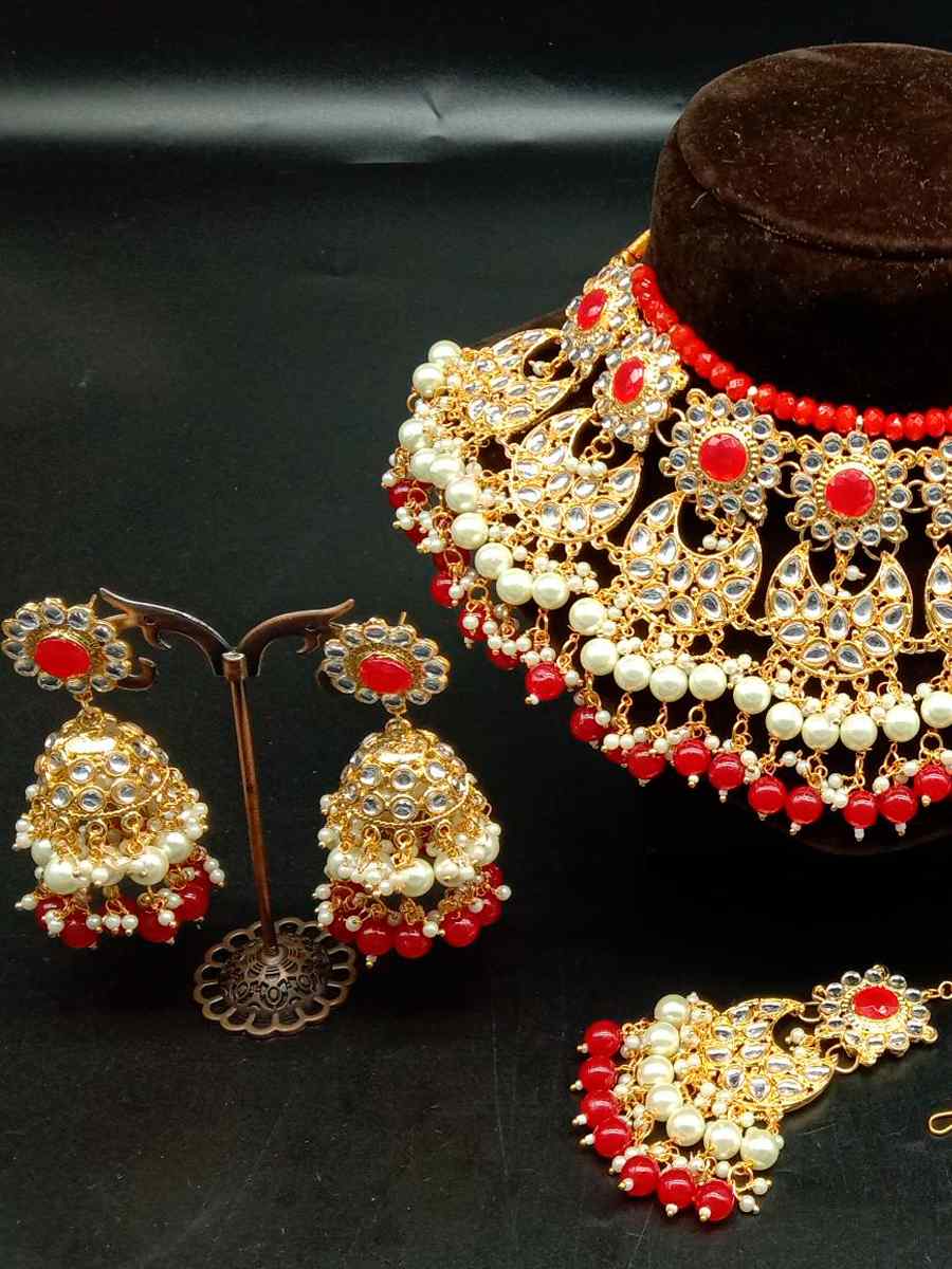 Red Alloy Wedding Wear Kundan Necklace