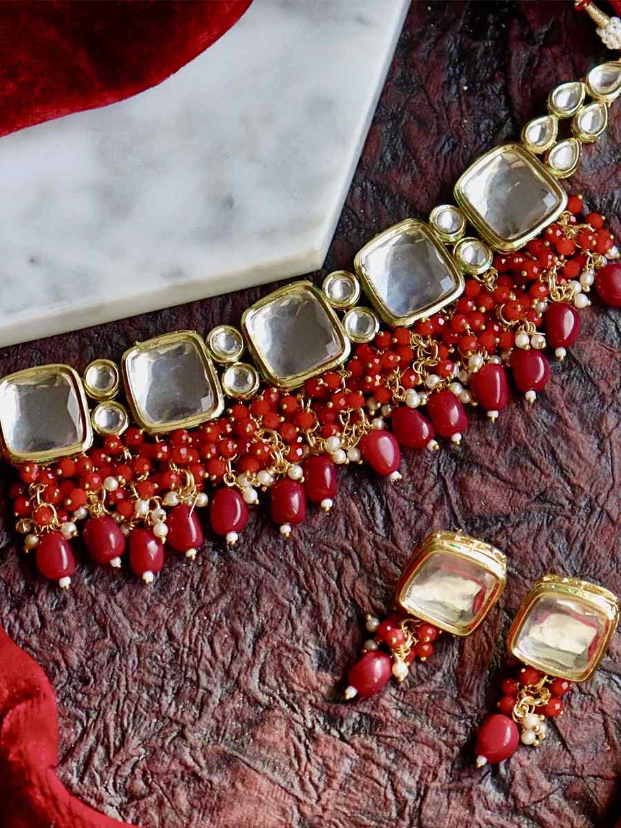 Red Alloy Wedding Wear Kundan Necklace