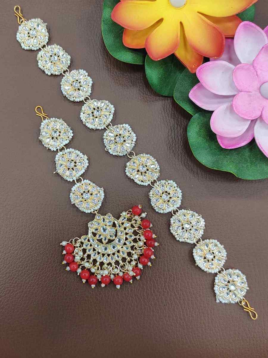 Red Alloy Wedding Wear Kundan Necklace
