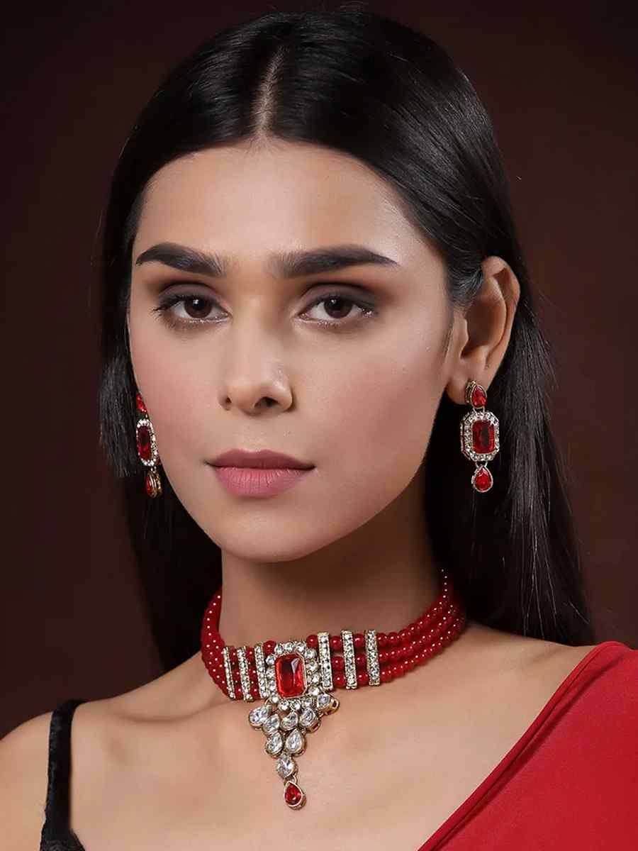 Red Alloy Wedding Wear Kundan Necklace