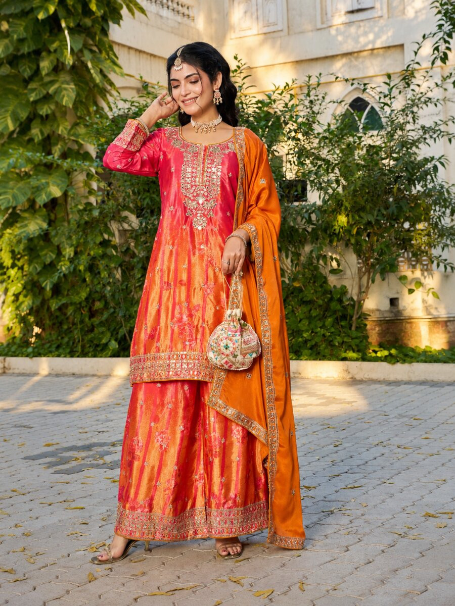 Red Orange Chinon Embroidery Sequins Wedding Party Festival Casual Ready Palazzo Pant Salwar Kameez