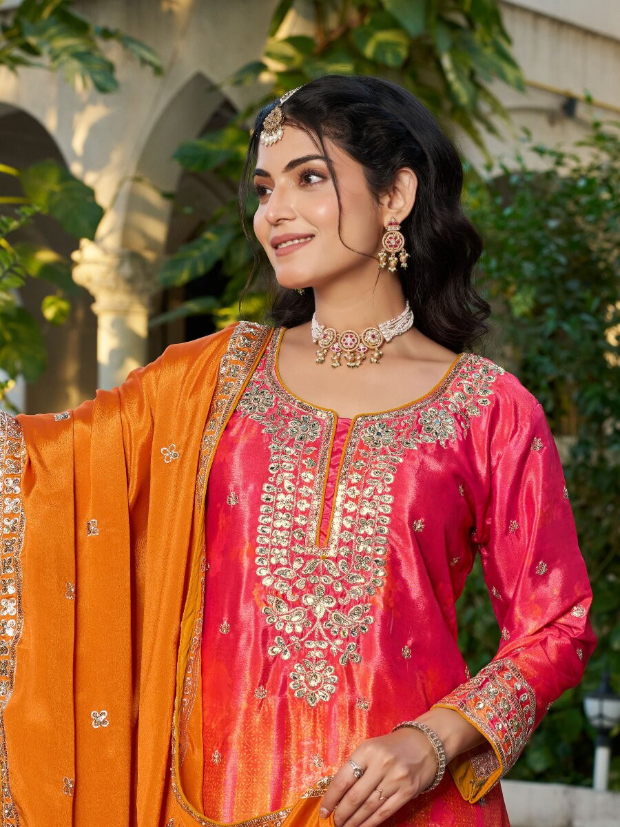 Red Orange Chinon Embroidery Sequins Wedding Party Festival Casual Ready Palazzo Pant Salwar Kameez
