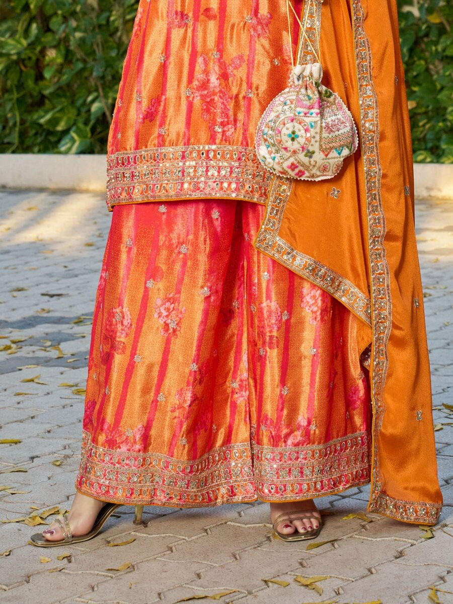 Red Orange Chinon Embroidery Sequins Wedding Party Festival Casual Ready Palazzo Pant Salwar Kameez