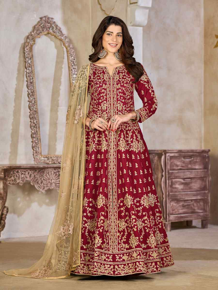 Red Art Silk  Embroidered Bridal Festival Wedding Lawn Salwar Kameez