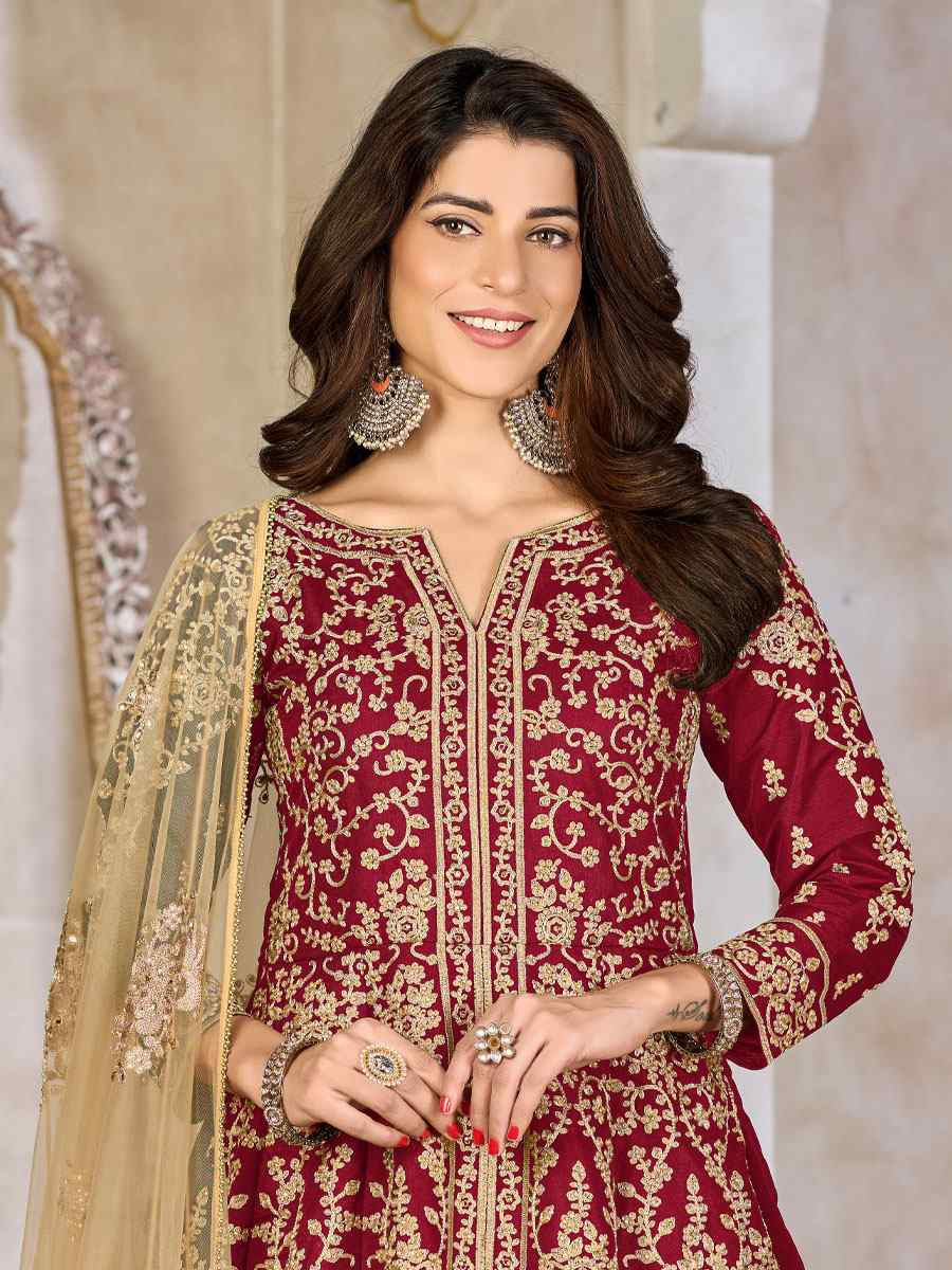 Red Art Silk  Embroidered Bridal Festival Wedding Lawn Salwar Kameez
