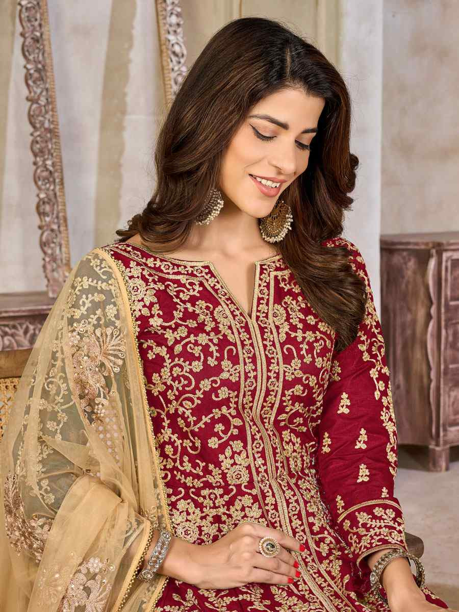 Red Art Silk  Embroidered Bridal Festival Wedding Lawn Salwar Kameez