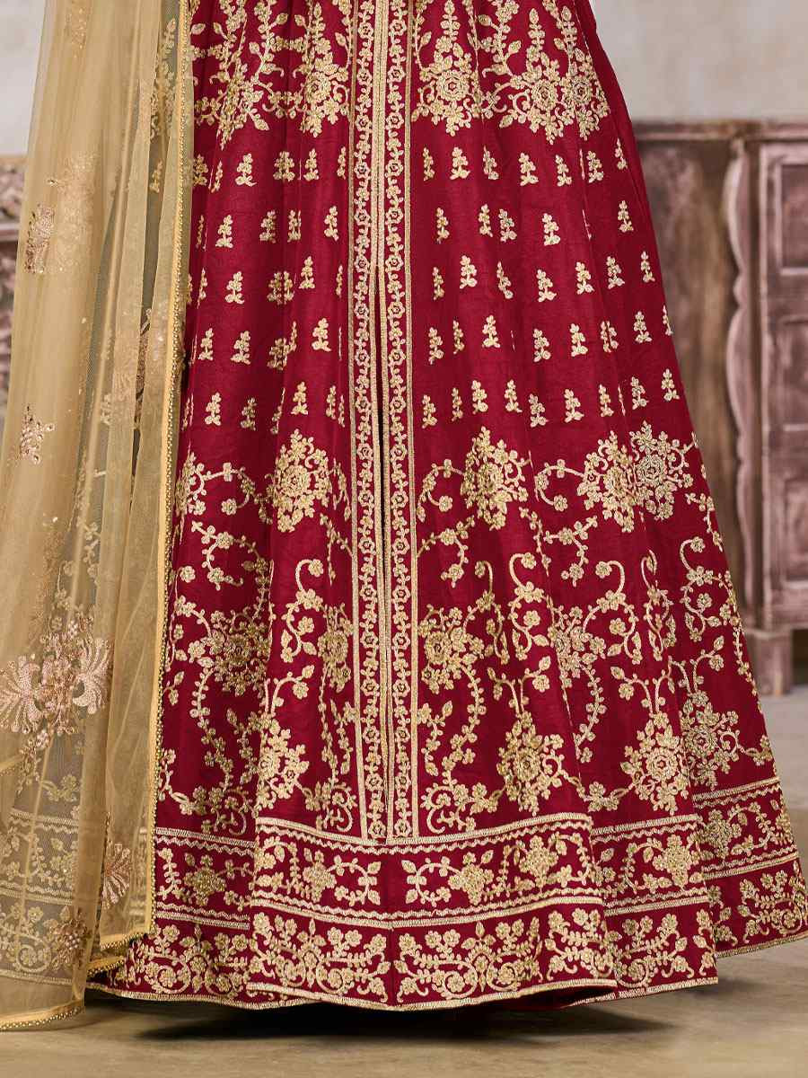 Red Art Silk  Embroidered Bridal Festival Wedding Lawn Salwar Kameez
