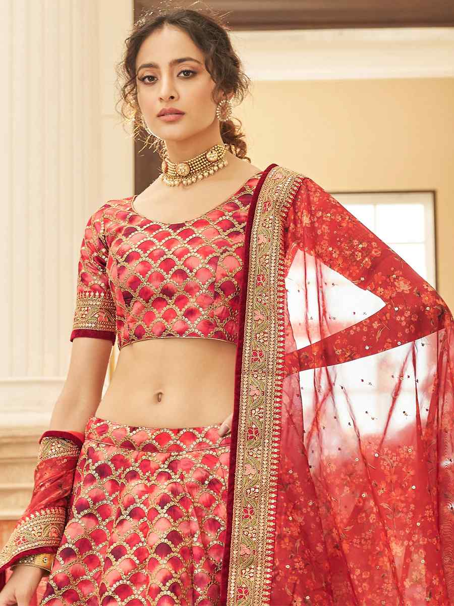 Red Art Silk Embroidered Engagement Wedding Heavy Border Lehenga Choli