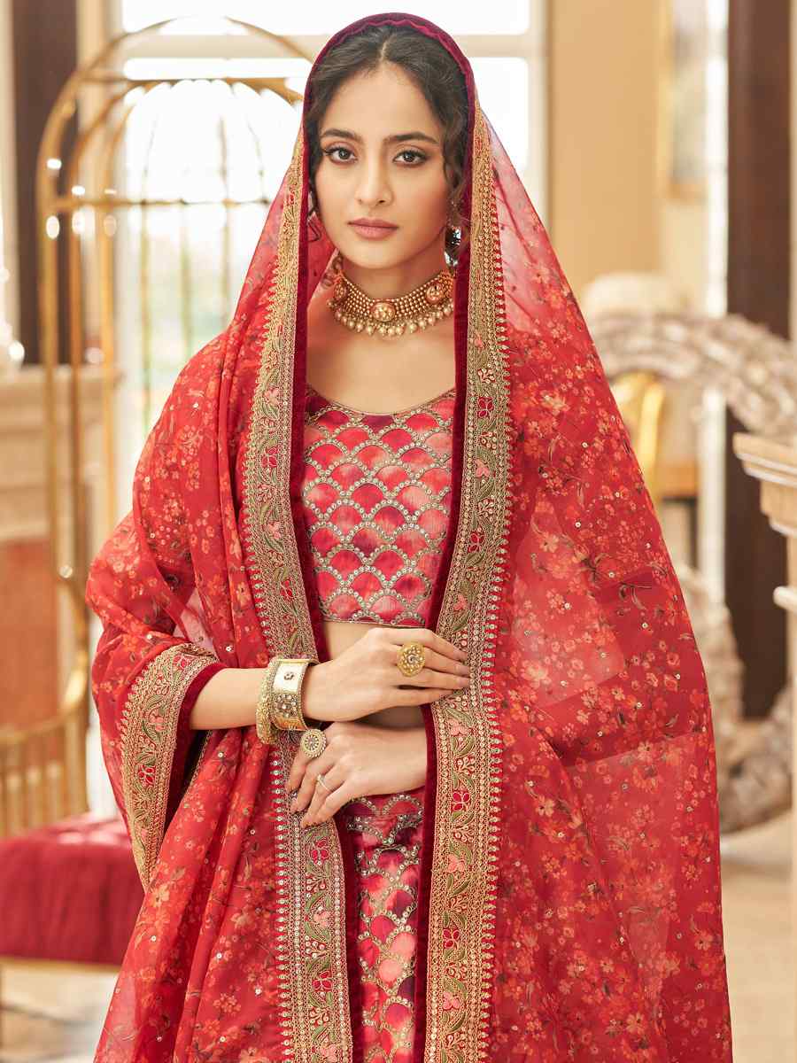 Red Art Silk Embroidered Engagement Wedding Heavy Border Lehenga Choli