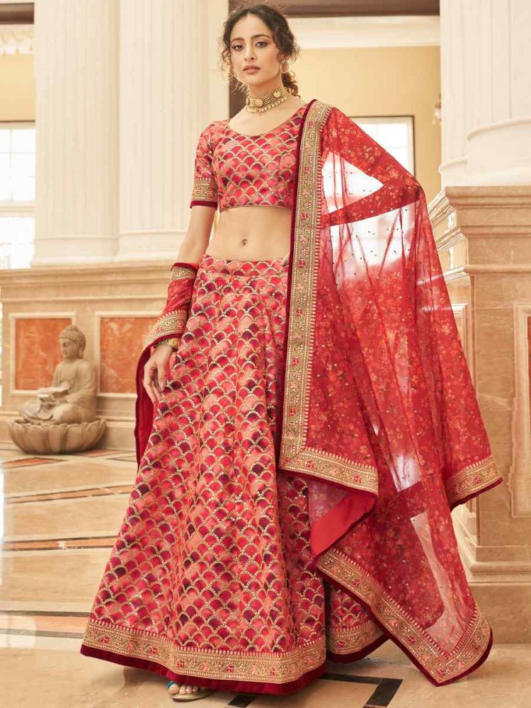 Red Art Silk Embroidered Engagement Wedding Heavy Border Lehenga Choli