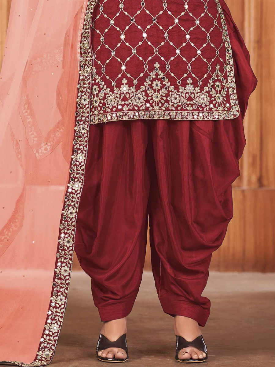 Red Art Silk Embroidered Party Festival Patiala Salwar Kameez