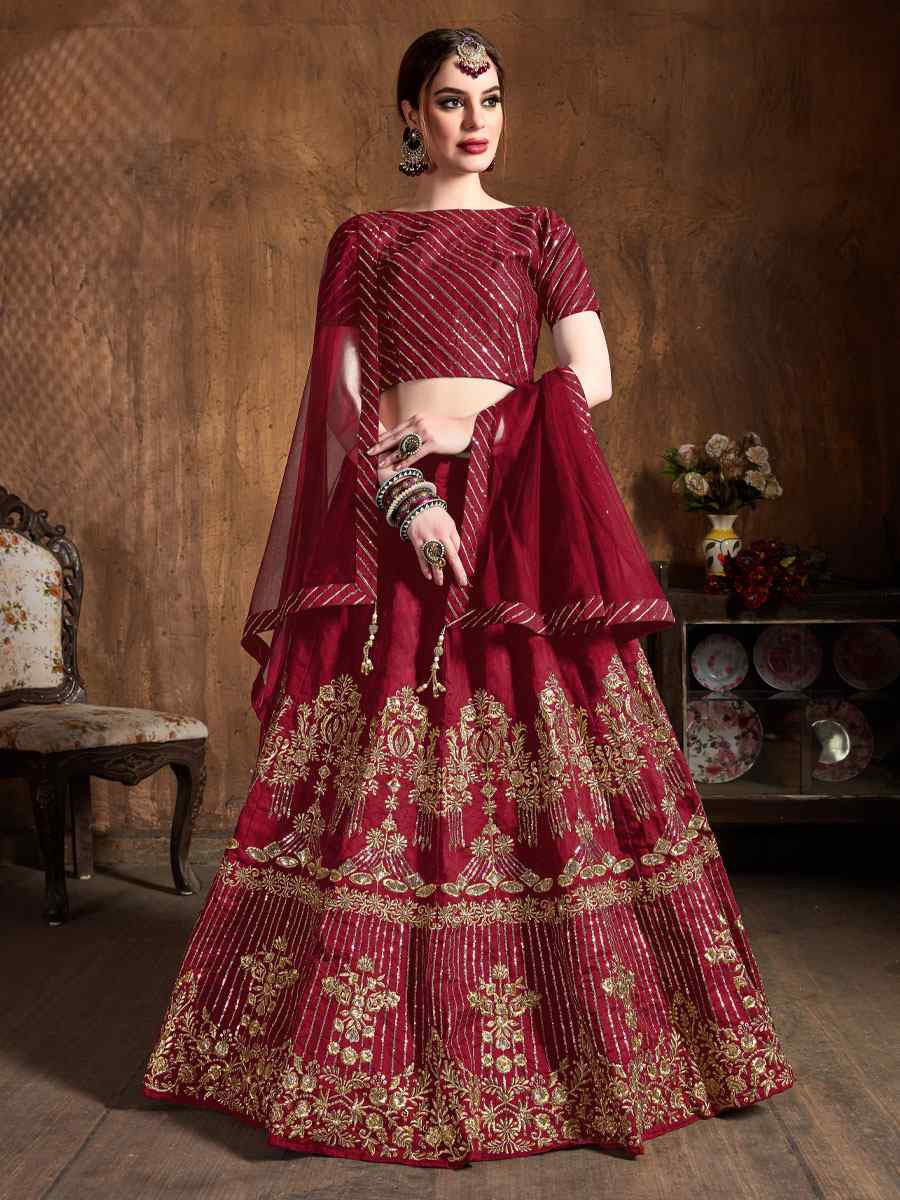Red Art Silk Embroidered Wedding Reception Festival Heavy Border Lehenga Choli