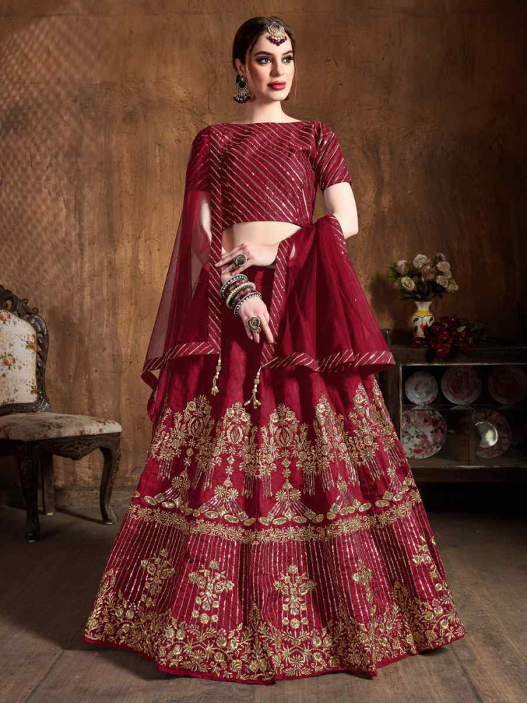 Image of Red Art Silk Embroidered Wedding Reception Festival Heavy Border Lehenga Choli